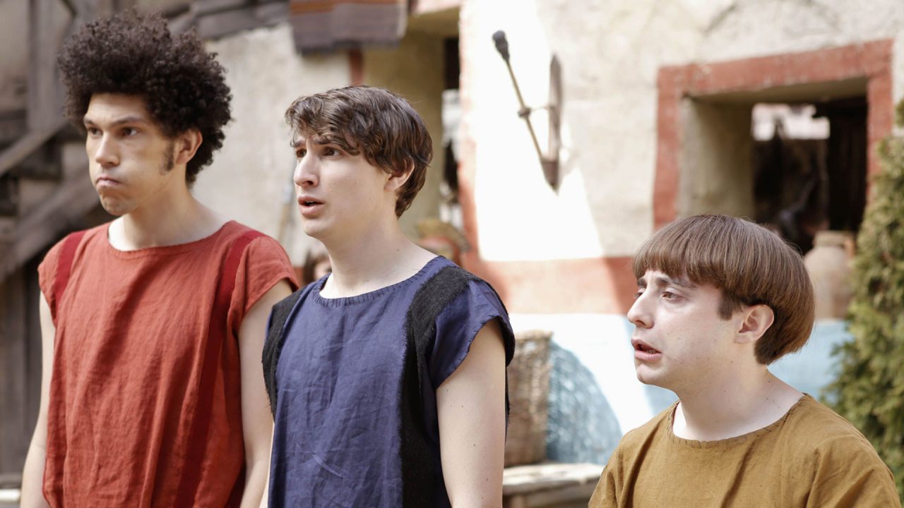 Ryan Sampson (right) as Grumio in Plebs ryan-sampson-as-grumio-in-plebs